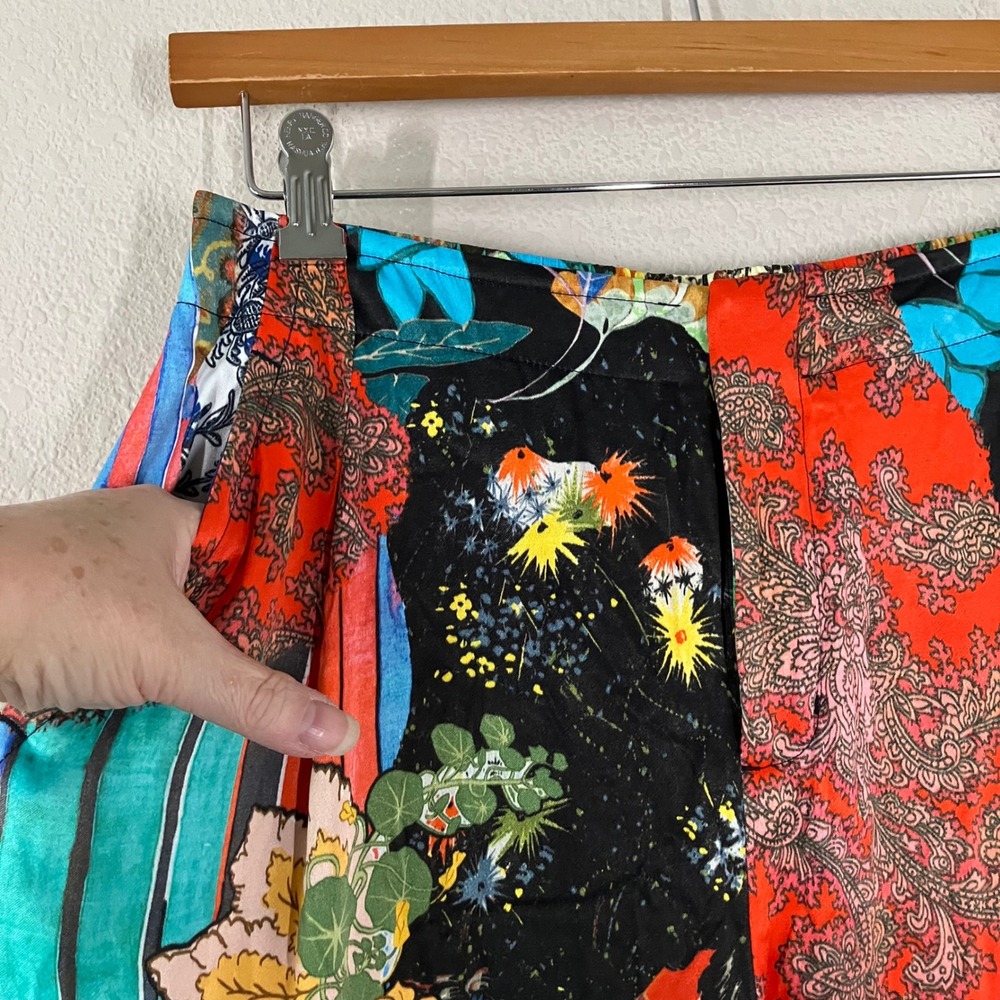 ANTHROPOLOGIE Satin Wide Leg Pants 8 Asian Chinoiserie Print Patchwork Artsy - Picture 6 of 13